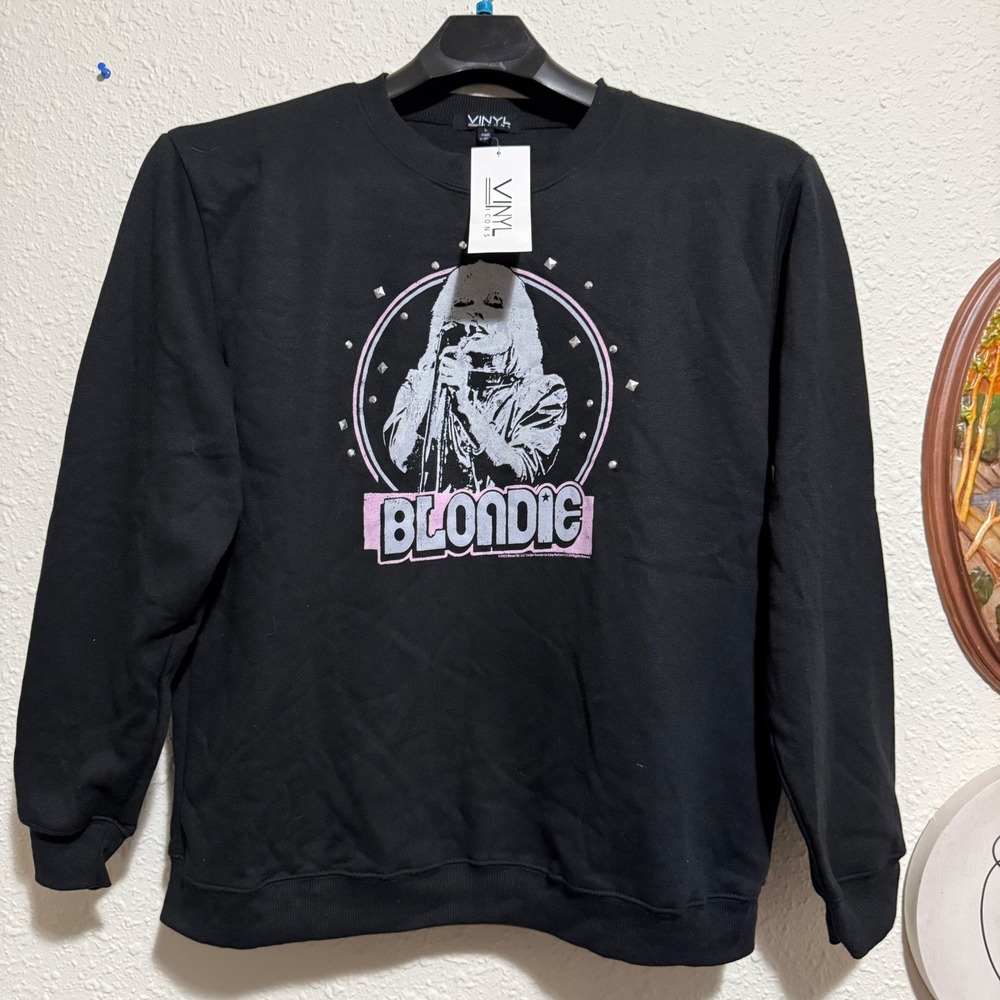 NWT Blondie‎ L Graphic Sweatshirt Vinyl Icons western Black Crew Neck Studded